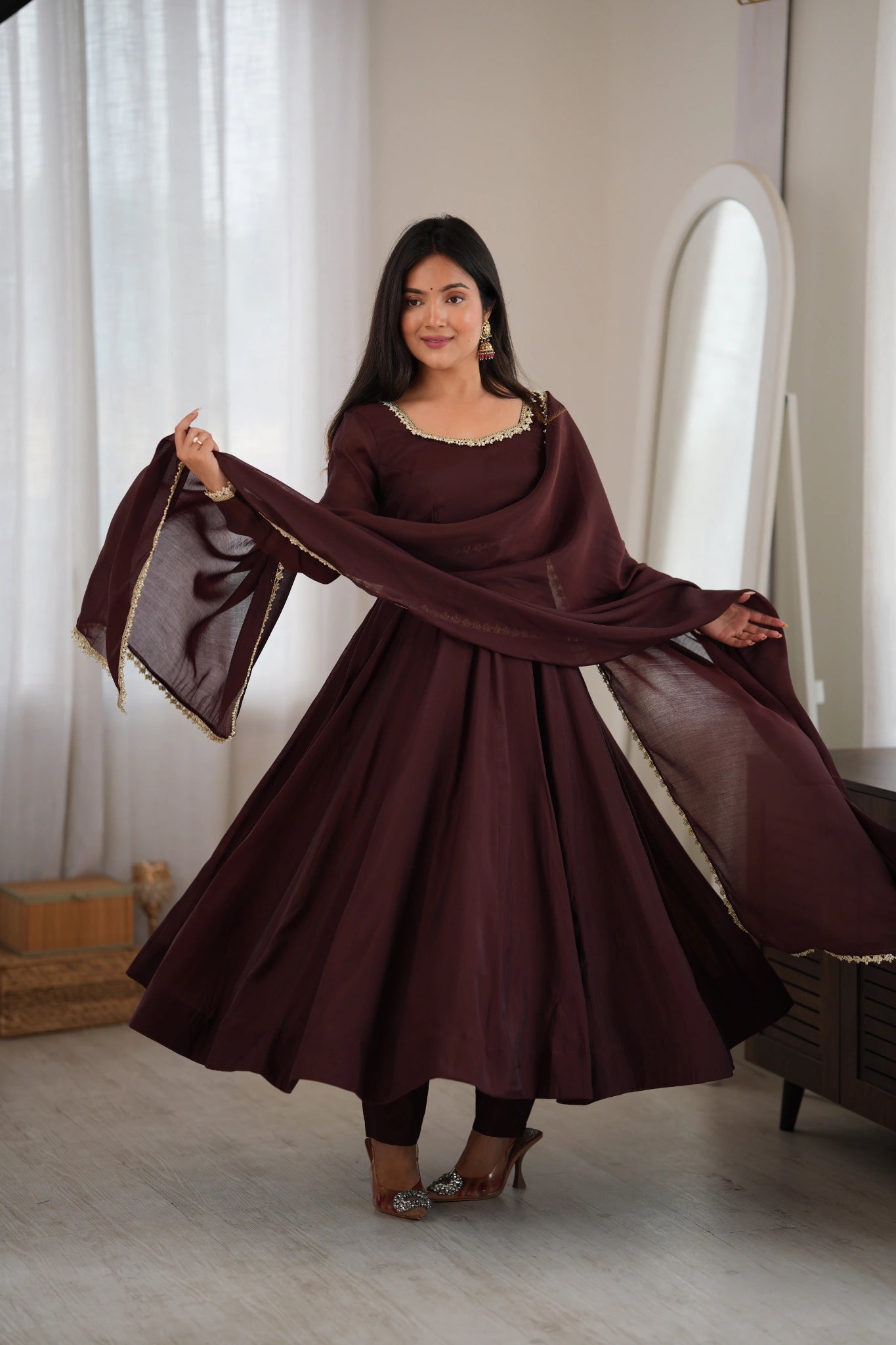 Dark Brown Mul Chanderi Anarkali suit flare with dupatta